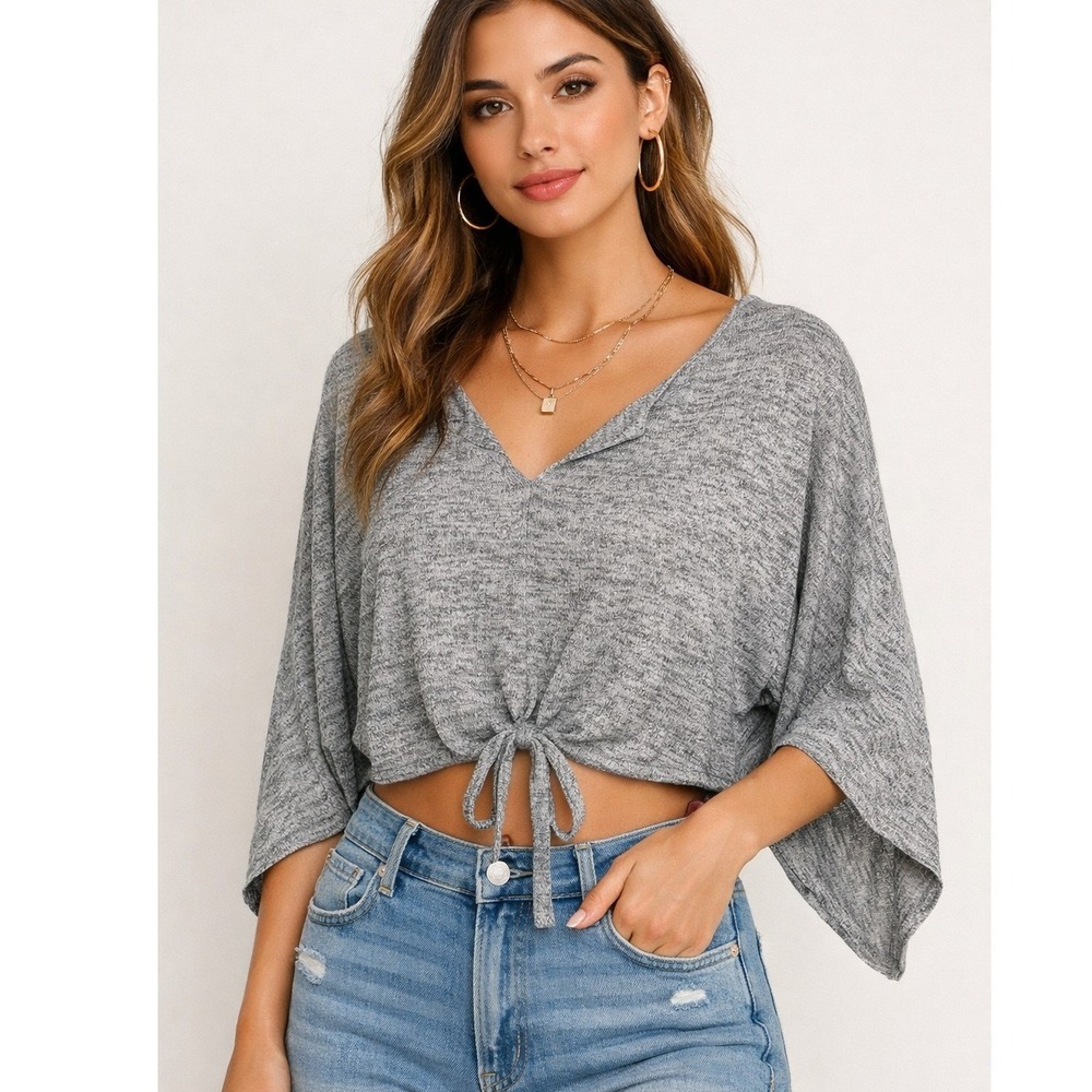 NY & Co SoHo Street Grey Marled Knit V-Neck Tie Front Crop Top Sz S